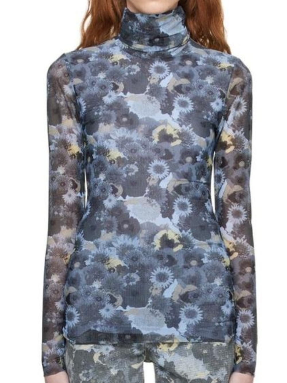Ganni Blue Floral Sheer Turtleneck Long-Sleeve Top Nwt